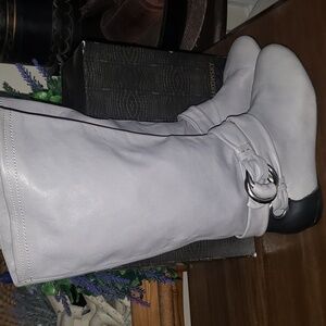 Leather Slouch Boots with Strap Detail gray and black By B. Makowsky